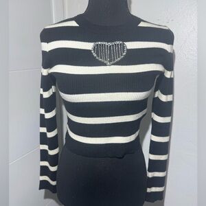 Black and White  Cropped Striped Sweater with Heart Detail
